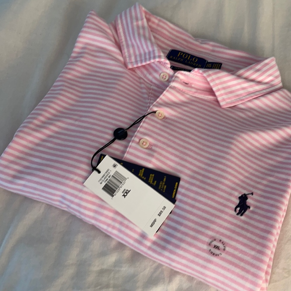 Men’s pink and white stripe polo tee